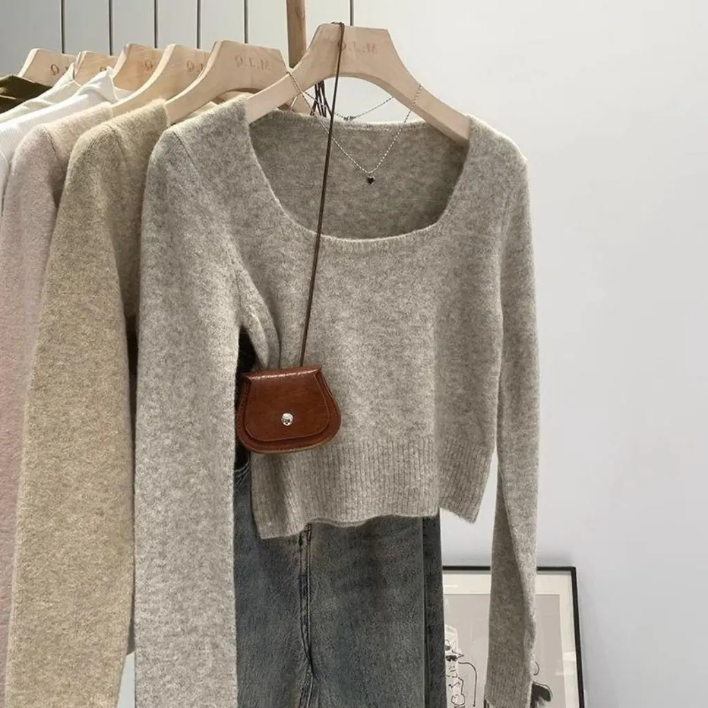 

Women's Soft Knitted Base Shirt Square Collar Pullover Autumn Winter High-End Feeling Sweater Inner Wear Top Female Fashion