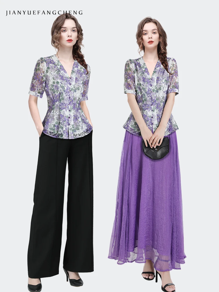 2024 Summer Full-body Purple Floral Printed Lace Top Women Short Sleeve V-Neck Elegant Skinny Printed Shirts Vintage Blouses