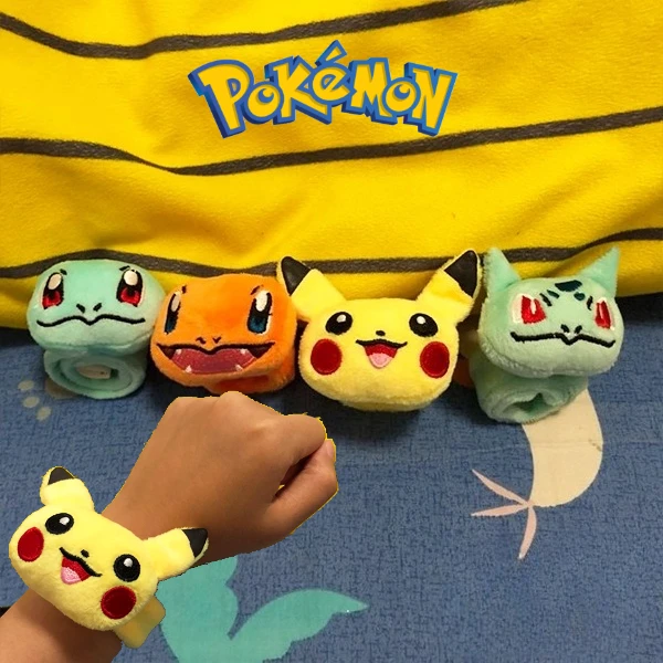 Cute Pokemon Anime Plush Clap Bracelet Action Figures Creative Funny Stuffed Toy Kawaii Pikachu Squirtle Wristband Birthday Gift