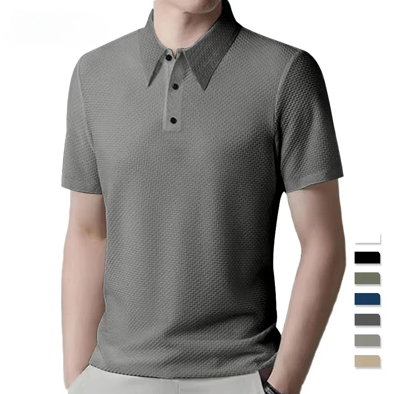 TEMU Amazon explosions high-end mesh seersucker ice silk short sleeve men's lapels summer solid color plus size POLO shirt.