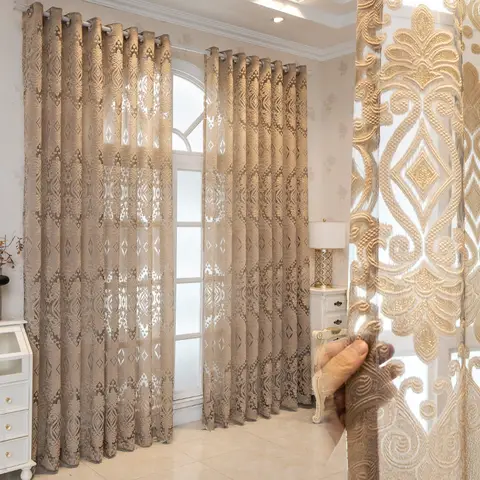2pc Luxury Jacquard Semi Sheer Curtains for Living Room,Brown Sheer Voile Curtain Panels Privacy Sheer Window Drapes for Bedroom