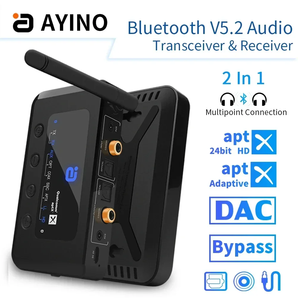 

AYINO wireless Bluetooth 5.2 2in1 Lossless AptX-Adaptive HD Audio Receiver Transmitter AUX Fiber Coaxial QCC Low Latency Adapter