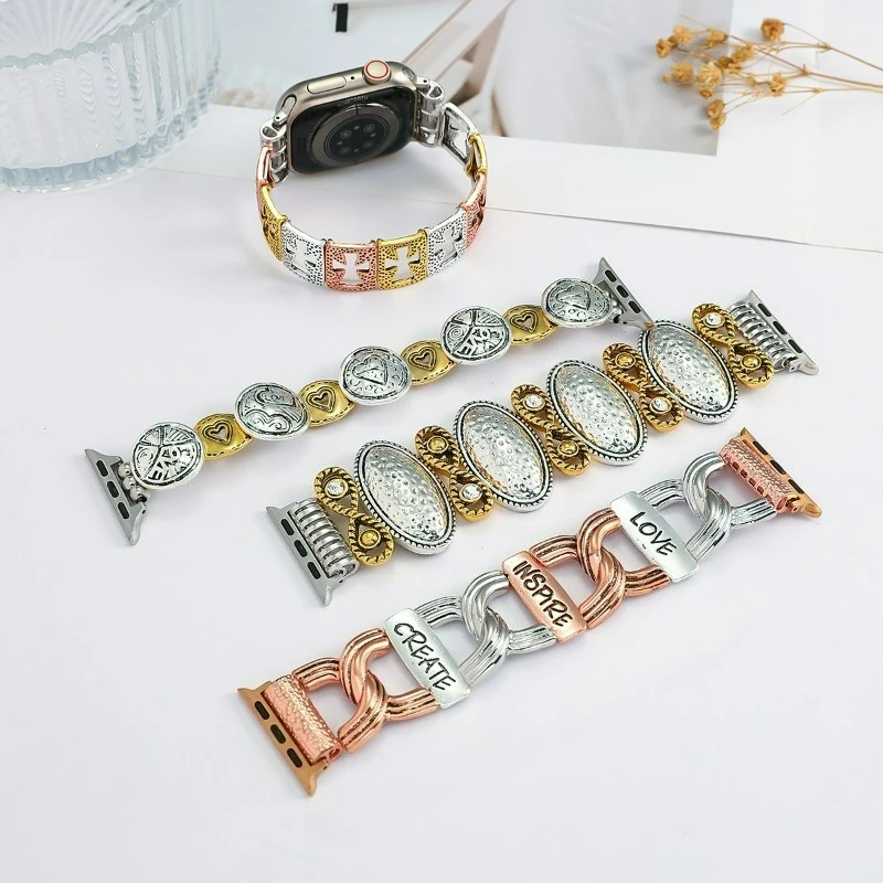 Vintage Metal Elastic Strap for Apple Watch Ultra 11 10 9 8 SE 7 Retro Letter Pattern Bracelet for IWatch 40mm 44 41 42 45 46 49
