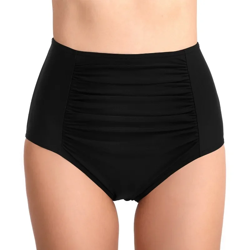 Women Pleated Swiming Shorts High Waist Solid Colors Swim Briefs Summer Beach Shorts New Bathing Suits Slim Pleated Shorts