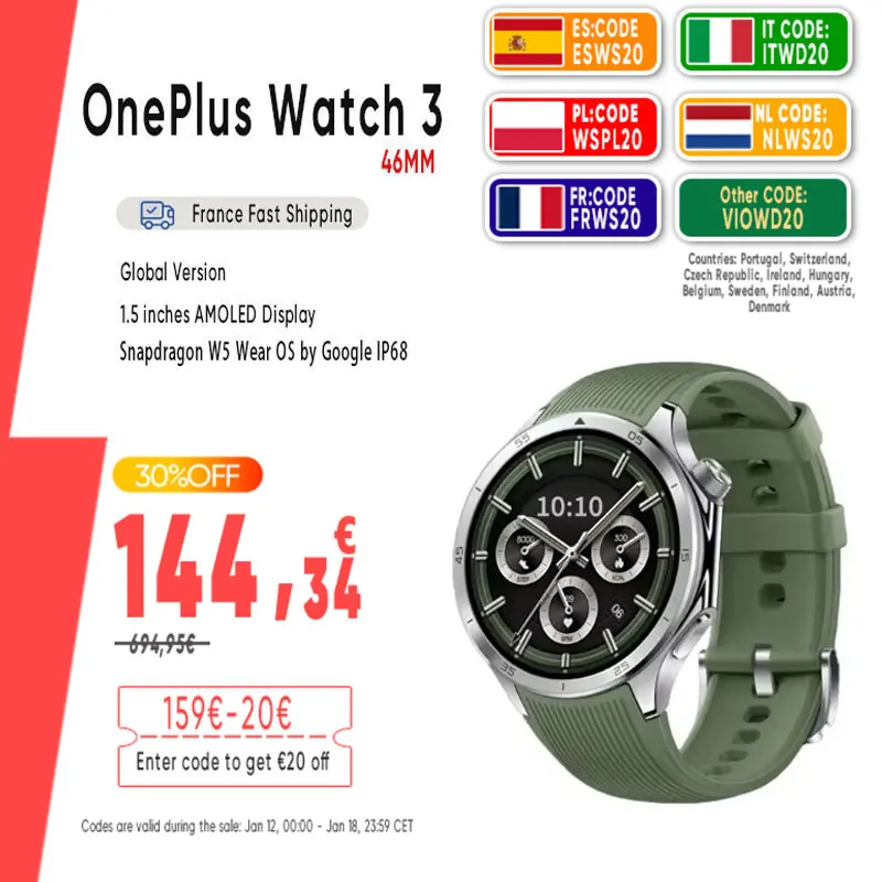Version mondiale OnePlus Watch 3 montre intelligente 1.5 pouces AMOLED affichage 32GB mémoire Snapdragon W5 Wear OS par Google IP68