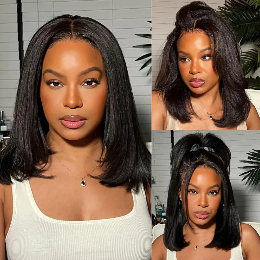 

Kinky Straight Short Bob Human Hair Wigs for Women 13x4 HDTransparent Lace Frontal Peruvain Remy Hair Soft Yaki Bob Wig