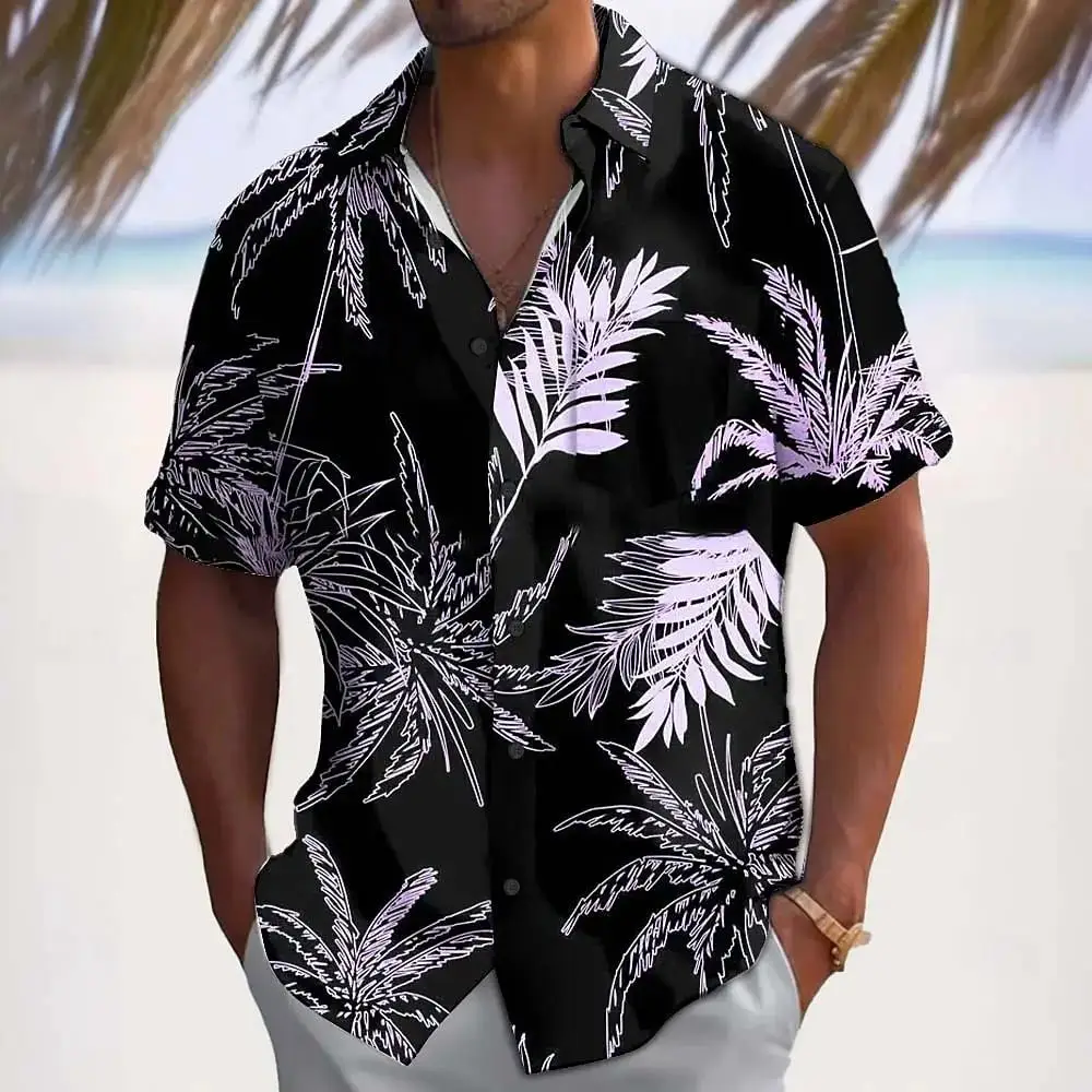 Vintage-Hawaiihemd mit Blattmuster für Herren, bunt, mit Pflanzenmotiv, 3D-gedruckt, kurze Ärmel, Sommer-Street-Bluse, Strandbekleidung, Oberteile