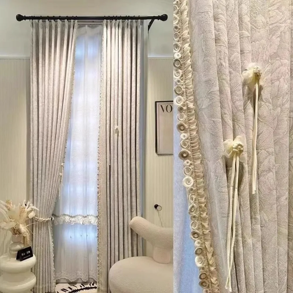 Custom Country French Cream Chenille Curtains for Living Room Bedroom Romantic Embossed Blackout Thick Insulated Drapes Tulle