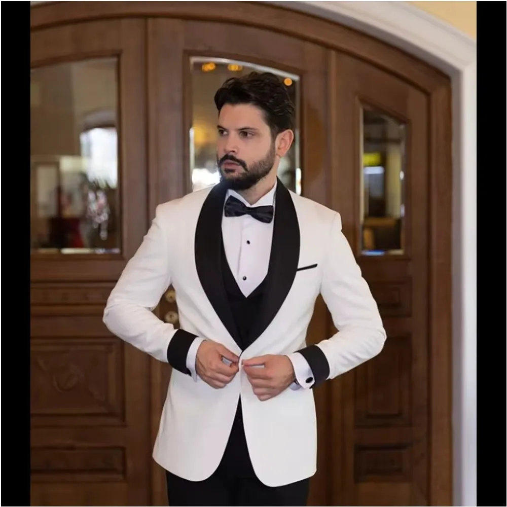 Men Suits Skinny 3 Pieces White Jacket Black Pants Vest Single Breasted Shawl Lapel Wedding Groom Formal Bespoke Male Sets