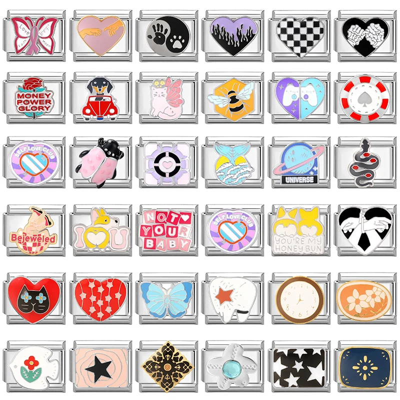 High Quality Heart Cat Heart Butterfly Dog Car Italian Charm Link Fit 9mm Stainless Steel Bracelet Women DIY Making Jewelry Gift