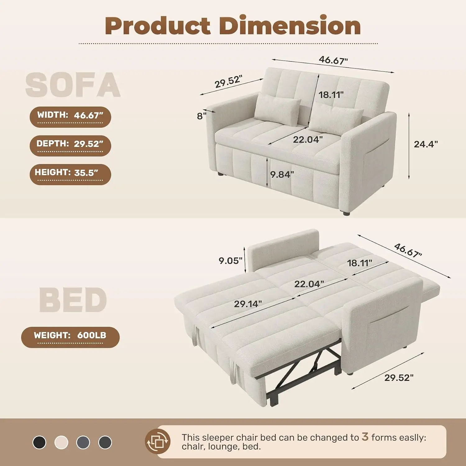 3 In 1 Convertible Pull Out Sleeper Sofa Bed Loveseat Adjustable Backrest Side Pockets Living Room Easy Assembly Beige