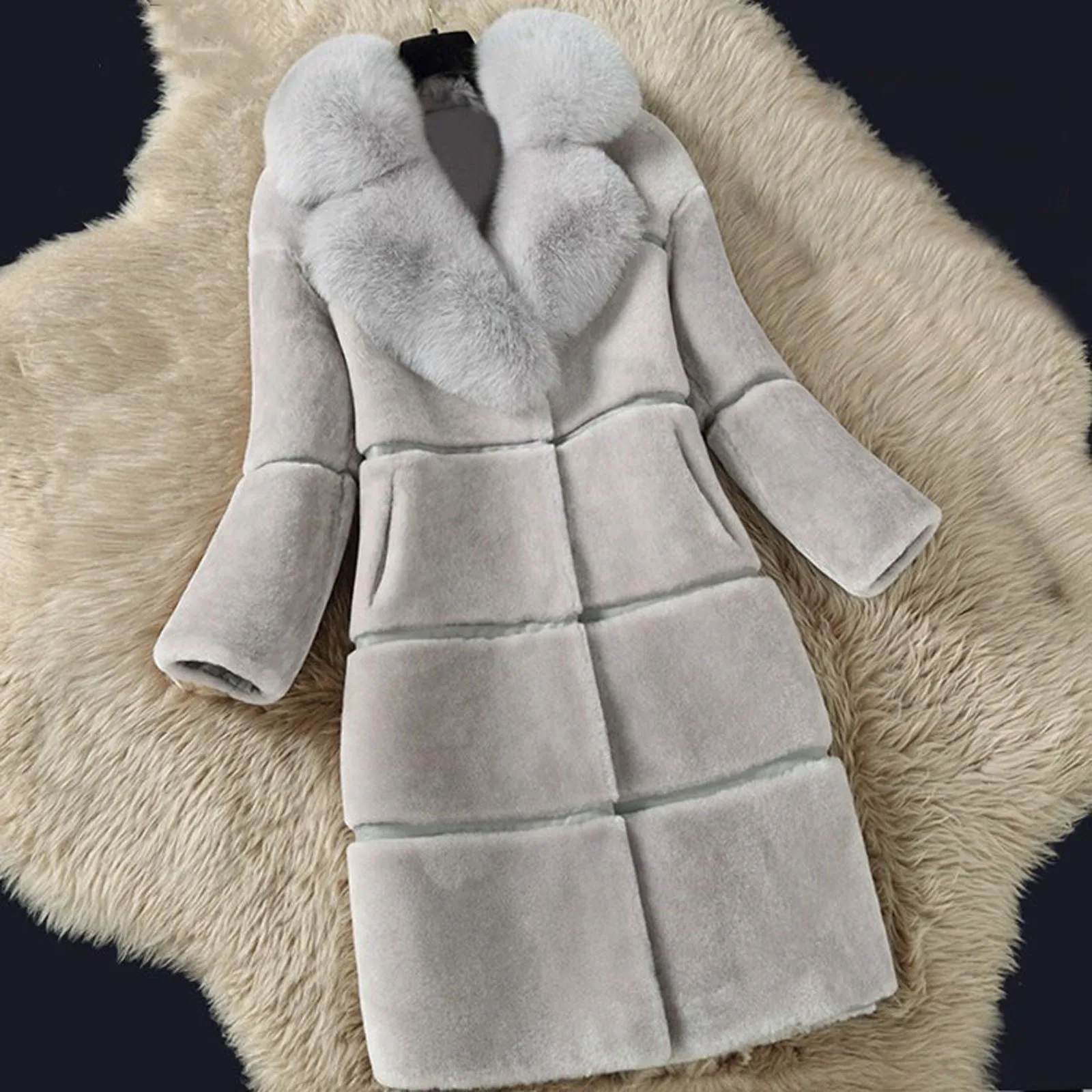 

Winter Women Coat Faux Elegant Thick Warm Outerwear Long Jacket Plush Jacket Furry Overcoat Sobretudos Hooded Faux Blazer