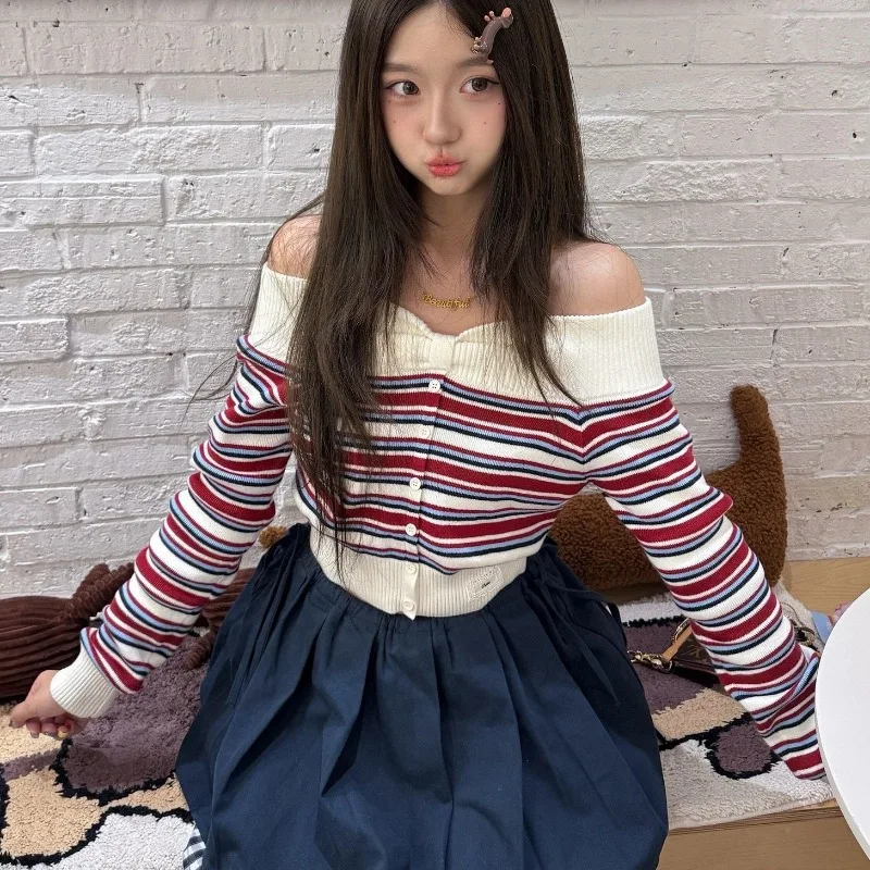 

Корейские модные вязаные топы с открытыми плечами, женские полосатые короткие вязаные свитера, женский укороченный топ с длинными рукавами, осень-весна