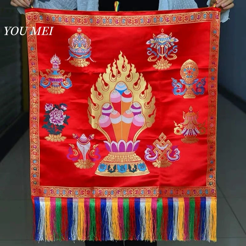 Tibetan-Style Flags Tablecloth,Embroidered Mani Treasure Red and Yellow Alta Pattern Hanging Banner,Buddhist Item Prayer Flag