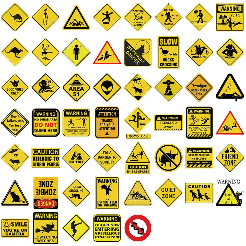 50PCS Funny Warning Sign Stickers Cool Personalized Graffiti Decal Luggage Phone Laptop Notebook Cartoon Sticker Creative Trendy