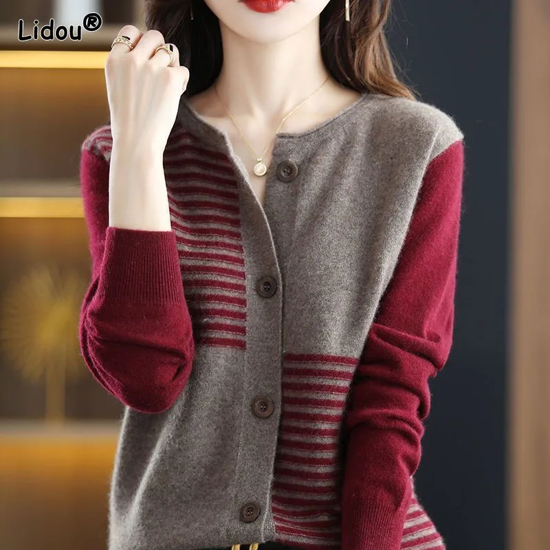 O-Neck SlimThick Autumn Winter Women\'s Clothing Vintage Striped Single Breasted Sweaters Spliced Knitting Refreshing Cardigan