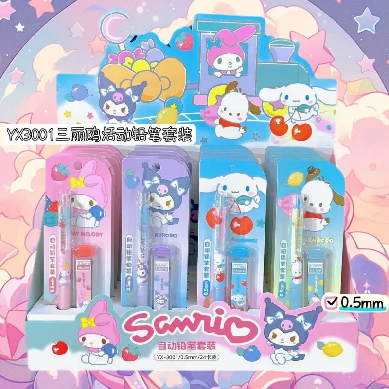 

New 24pcs Sanrio Melody Kuromi Cinnamoroll Pochacco Mechanical Pencil Eraser Set 0.5mm Automatic Pencil Stationery Wholesale