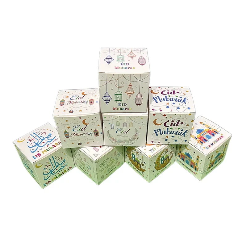 

New White Box Printed Pattern EID Theme Cardboard Candy Box Square Shape Gift Packaging Box for Ramadan Decoration Eid Mubarak