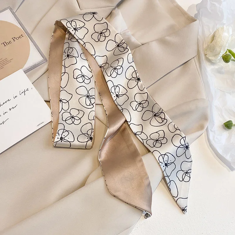 4 stücke dünne Tasche Band Schals für Frauen Mode druck weichen Satin Haarband Foulard Halstuch weibliche Krawatte Haar Schal – Detail 8