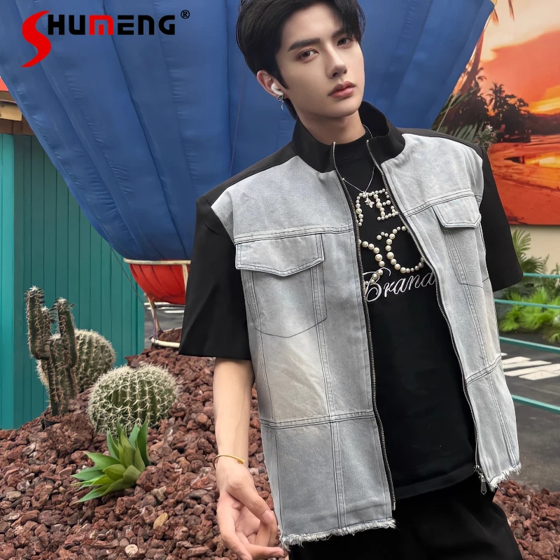 

2025 Spring Summer New Retro Denim Tops Padded Shoulder Contrast Color Short Sleeve Jackets Men High-end Stylish Versatile Coats