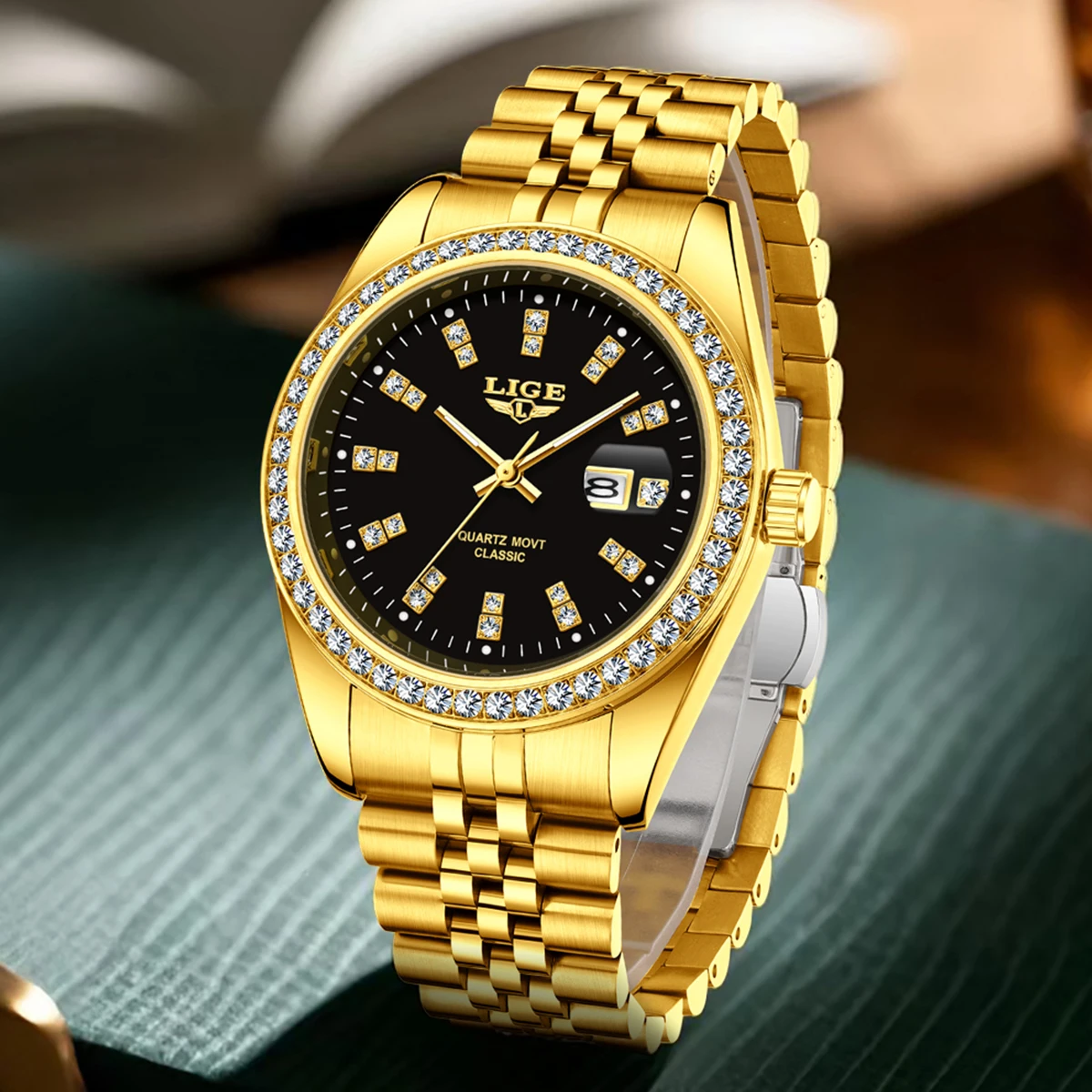 LIGE Golden Men's Watch Steel Strap Quartz Watch 3ATM Waterproof Date Calendar Business Wristwatch Luminous Male Clock