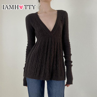 IAMHOTTY Twist Knit Sweater Pullover Autumn Winter Loose A-line V-neck Knitwear American Retro Slim Waist Jerseys Basic Top Y2K