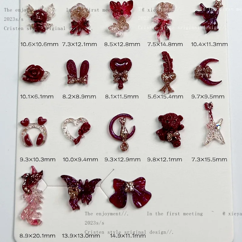 20pcs Cools Wine Red Nail Art Accessories Lumionus Camellia Butterfly Knot Nail Charms Bulk Flatback Resin Nail Rhinestones DIY