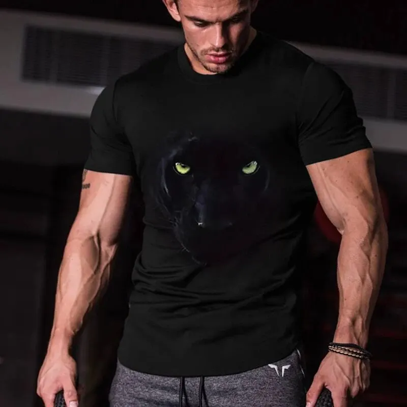 Summer New Men\'s Large Casual Short Sleeve T-Shirt Premium Sense Pullover Round Neck 3D Digital Panther Print Street Outdoor Top