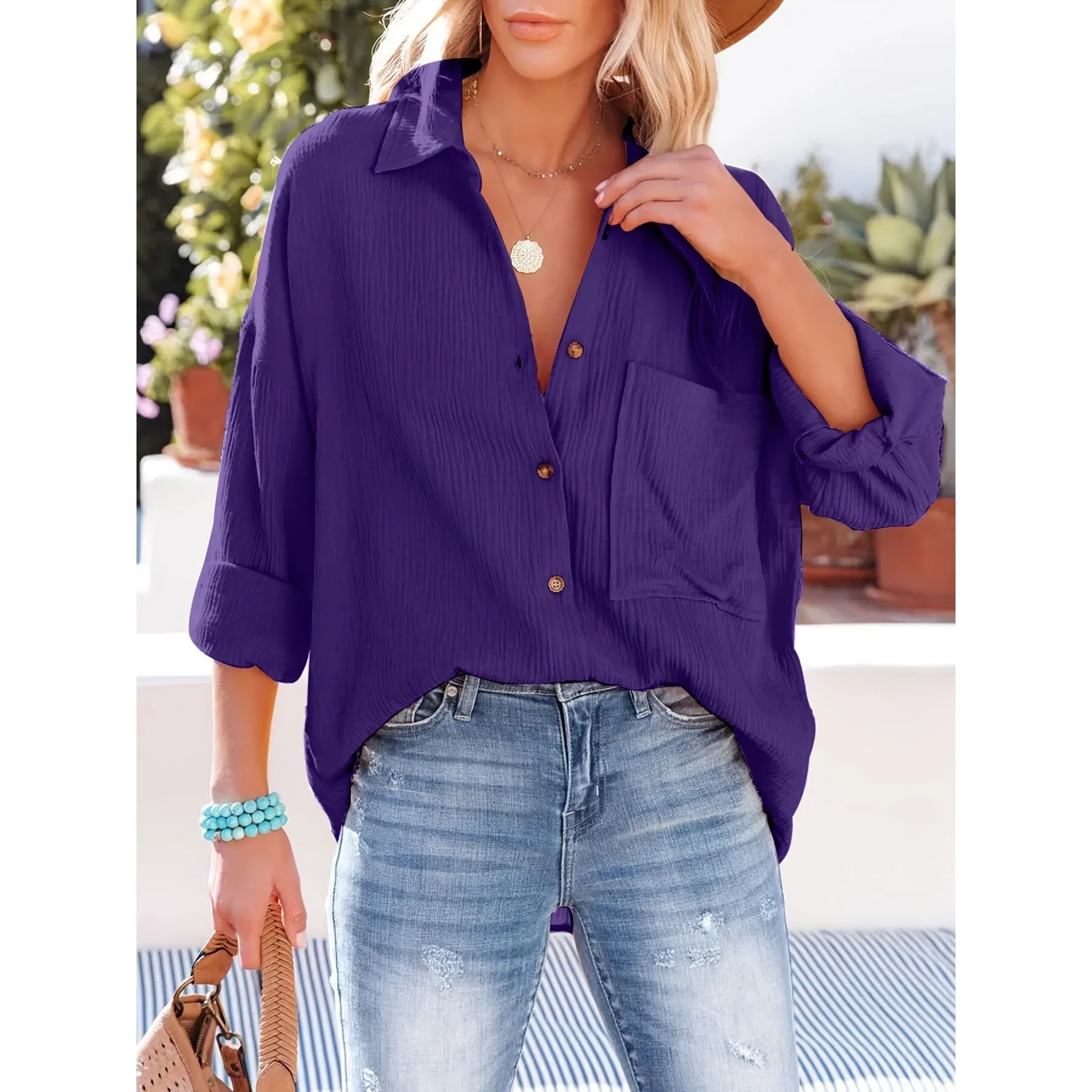 

Loose Pocket Shirt Women's Fashion Oversized Princess Sleeve Shirt Comfortable Fit Casual Button down Top for Spring Season
