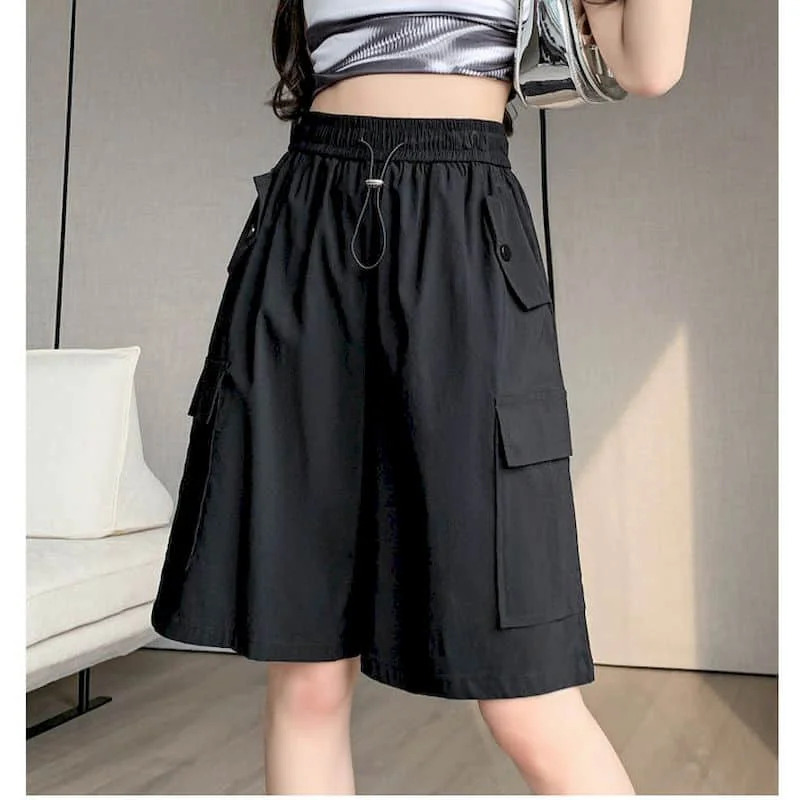 Solid Shorts Women Casual Parachute Straight Short Pants Safari Style Elastic Waist Five-point Trousers Streetwear Women Clothes