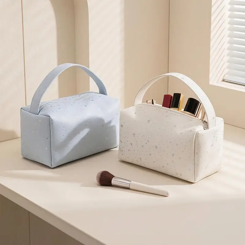 Canvas Cosmetic Bag Shiny Star Print Large Capacity Portable Makeup Pouch for Daily Use Travel Commute