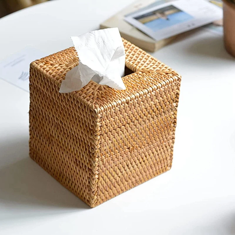 2X Square Rattan Tissue Box Cover, Hand Woven Wicker Tissue Holder, 5.7 X 5.7 X 5.7 Inches, Wood Color