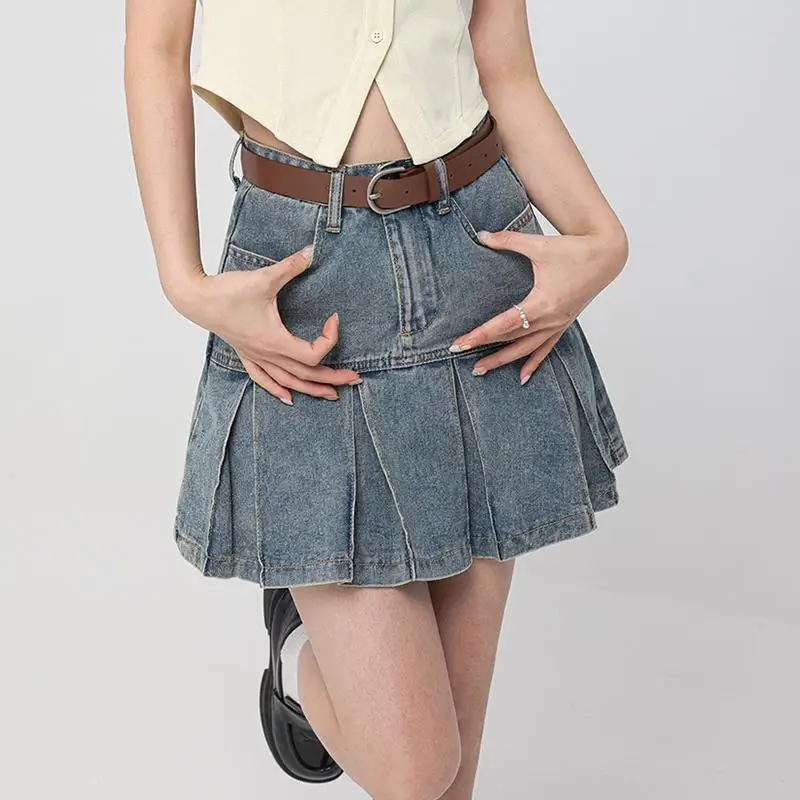 2024 Women Blue A-Line Denim Pleated Skirts Y2K Harajuku Korean Cowboy Skirts Vintage 90S Mini Jean Skirt 2000S Clothes Summer