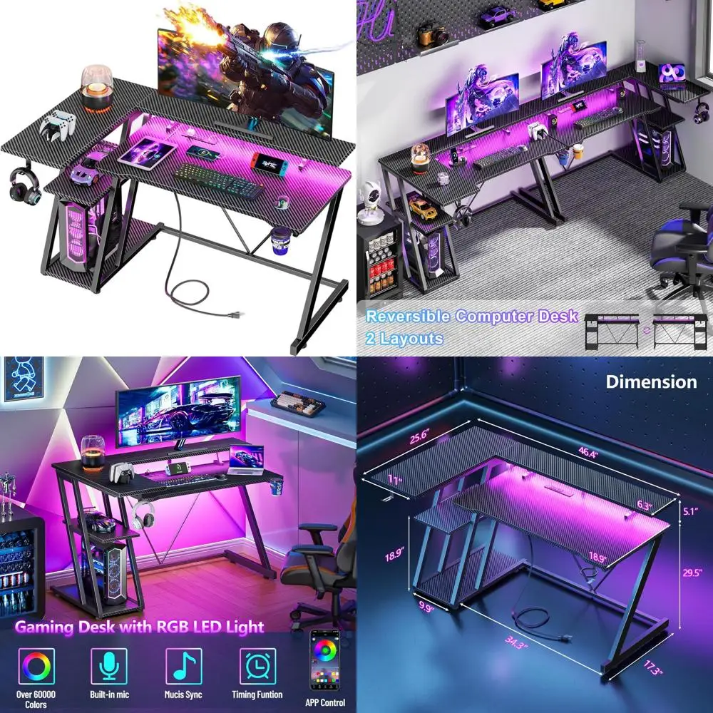 47 Carbon Fiber Gaming Desk with LED Lights, 3-Tier Storage, Power Outlet, and Monitor Stand for Home Office