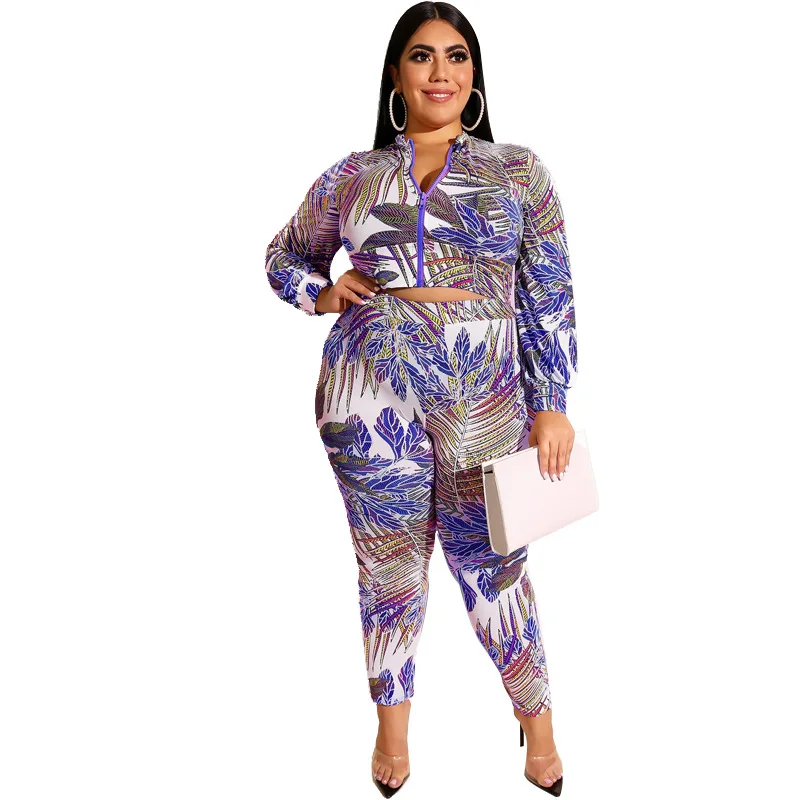 SOMO 2022 Plus Size Printed Zipper Long Sleeve Top Skinny Long Pants Casual Two Piece Set Women Clothing Wholesale Dropshipping