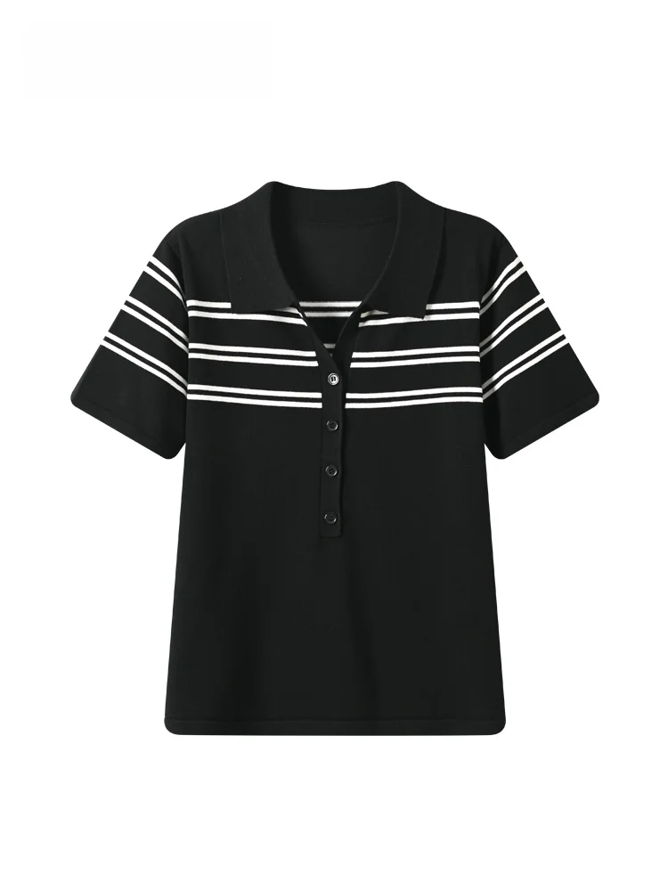 

plus Size Women's Short Sleeve Neck T-Shirt Striped Slimming Summer New Style Commuter Style Knitted Regular Fit Top
