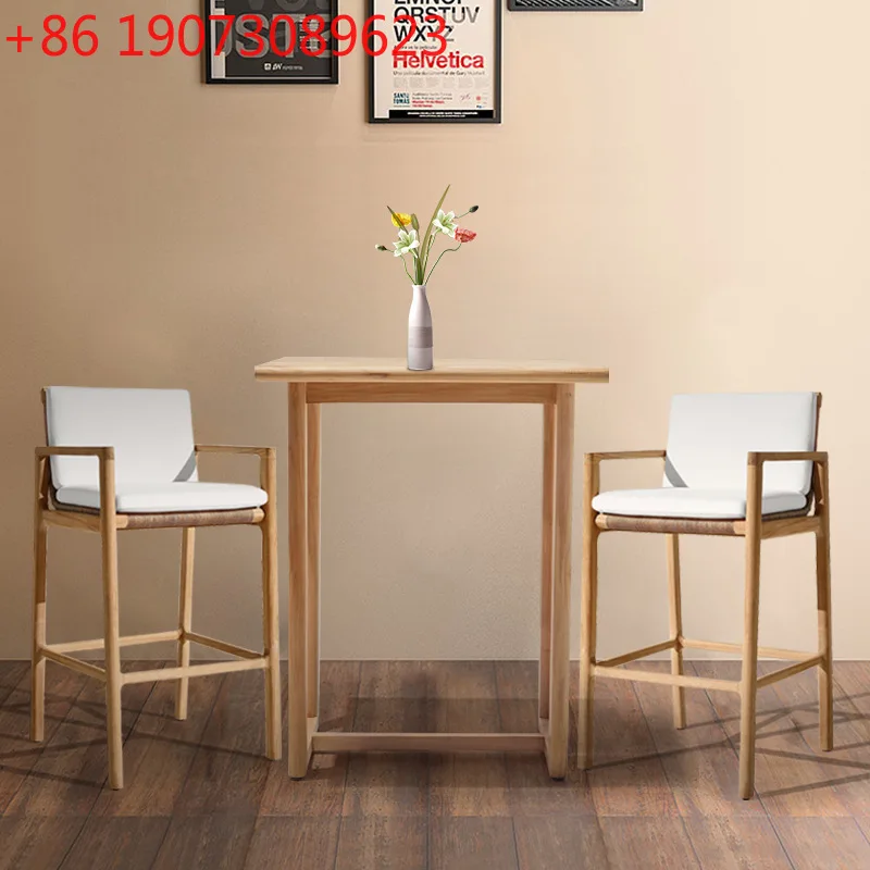 

Outdoor Solid Wood Bar Stool Courtyard Leisure Villa Balcony Rattan High Chair Hotel