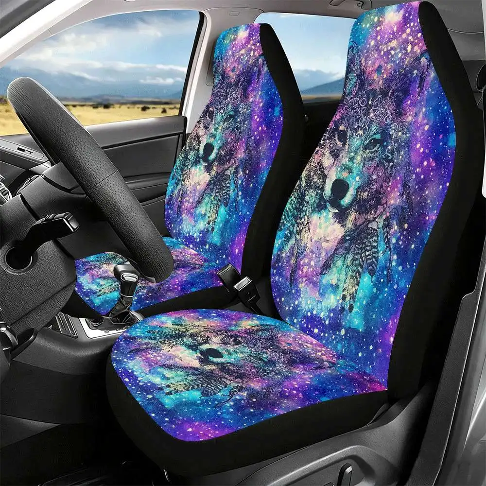 2pcs Galaxy Wolf Car Seat Covers Suitable For Front Seats High Back Design Material Suitable For Cars SUVs And Trucks Women's Ca