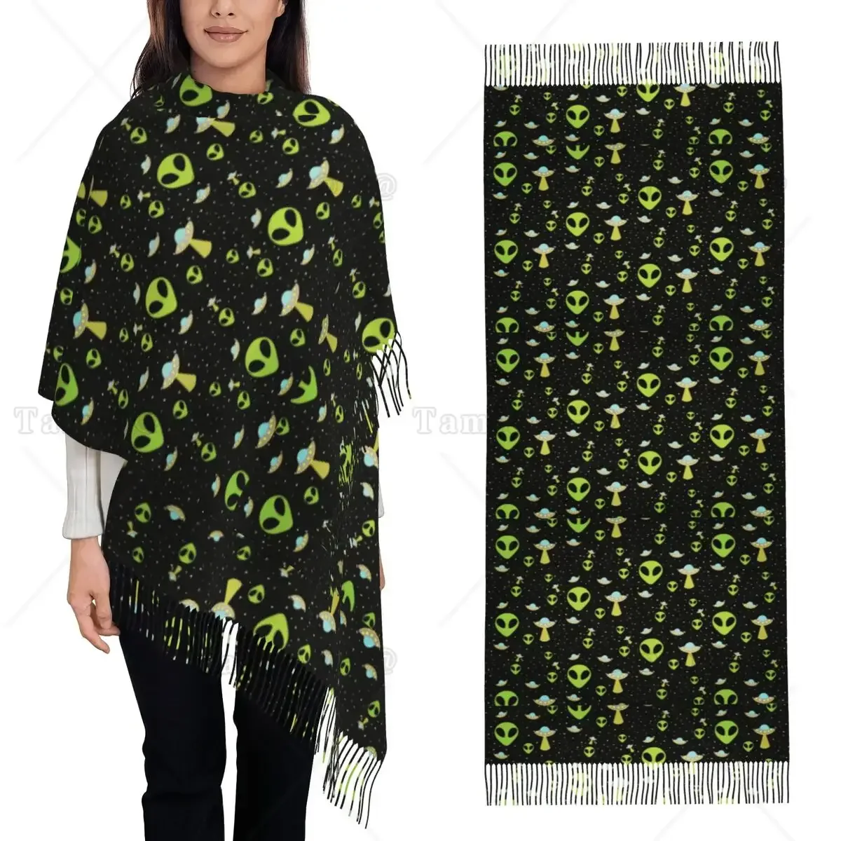Green Alien Spaceship Pattern Scarf Tassel Scarves for Women Soft Warm Shawls and Wraps Large Fall Winter Shawl Wrap