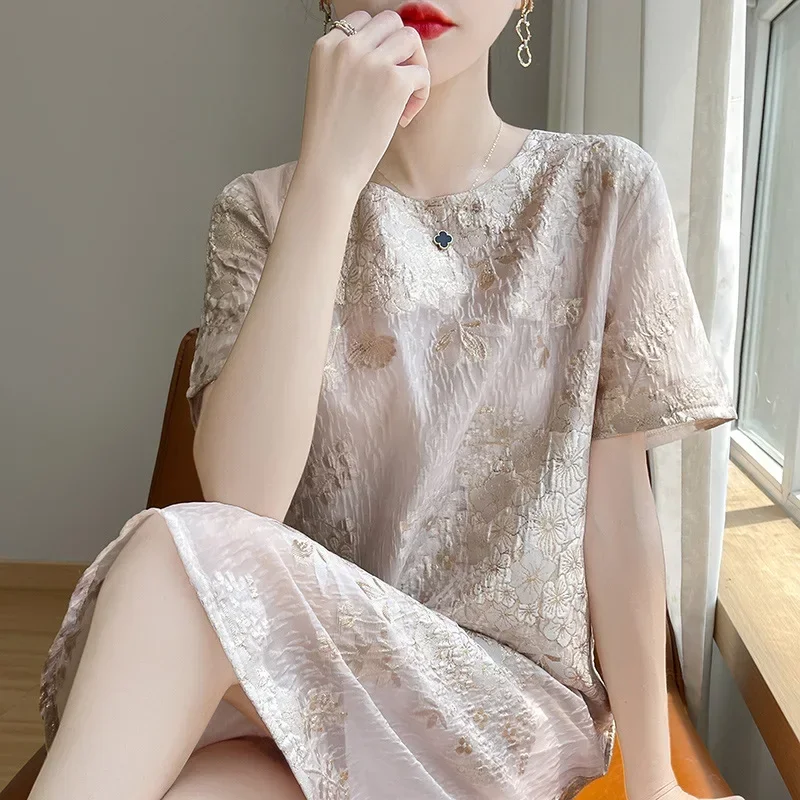 Summer New Acetic Acid Satin Dress Women's Heavy work Approximate Jacquard Embroidery Wide Version Long Dress High Elegance