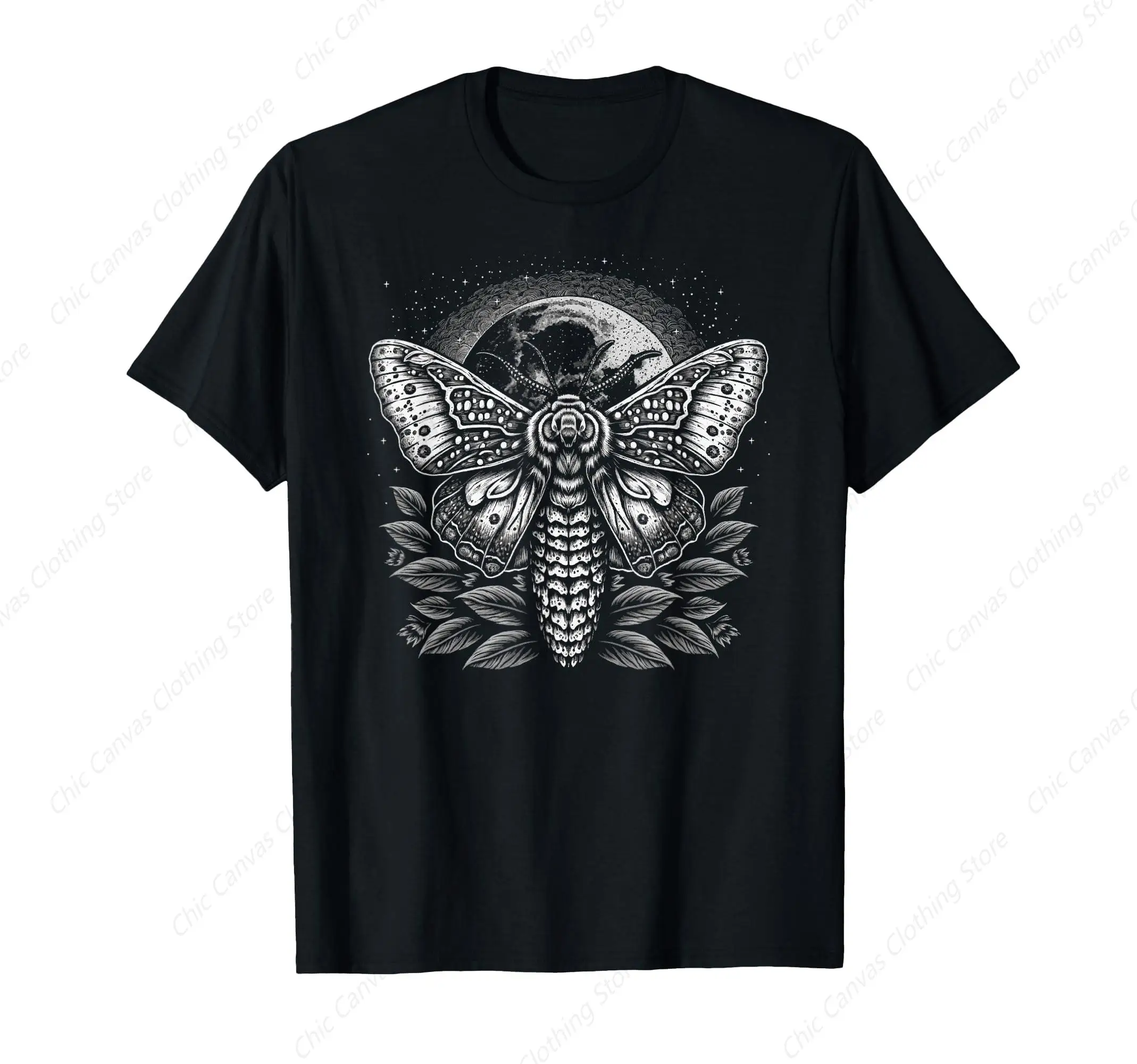 

Moth Moon Night Sky Folk Witchcraft Natural Gothic Style T-Shirt Black Pure Cotton Casual Comfortable Short Sleeve