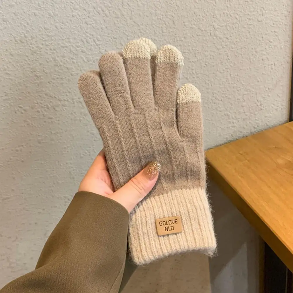 1 Paar Winterhandschoenen Unisex Touchscreen Zachte Dikke Pluche Volledige Vingers Gebreide Kleur Bijpassende Verdikte Outdoor Fietshandschoenen