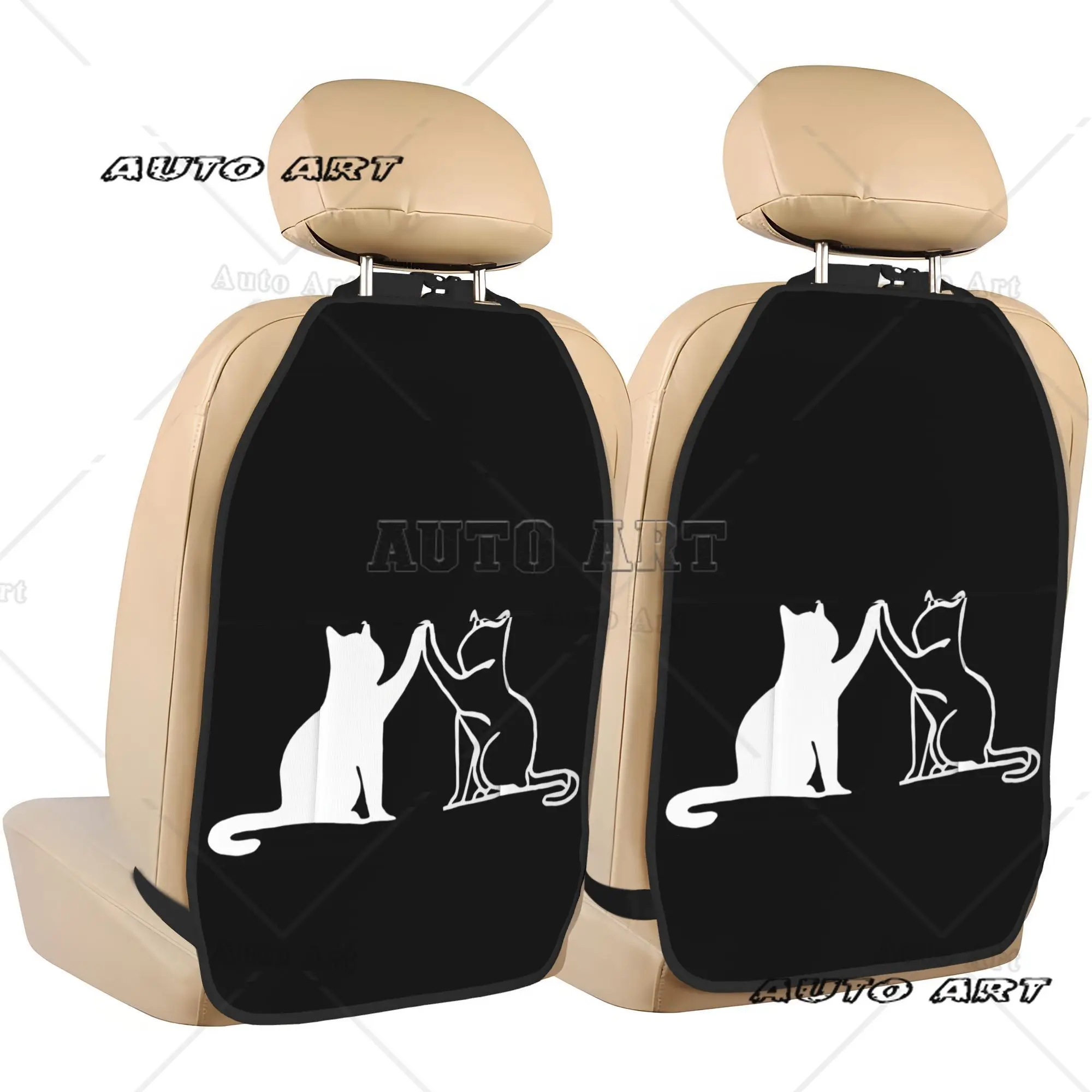2pcs Two Cats High Fiving Silhouette Car Back Seat Organizer Large Kick Mats with Storage Pockets for Universal Fit for Most