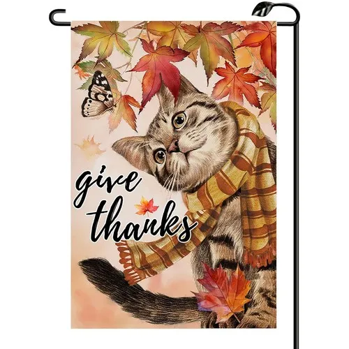 Give Thanks Cat Thanksgiving Garden Flag 12x18 Inch Vertical Double Sided Fal... YYZ