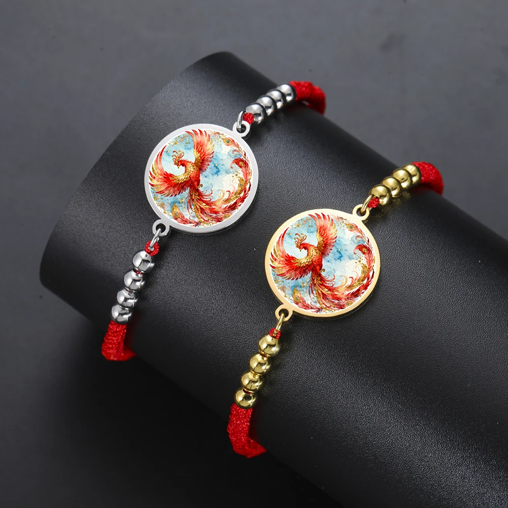 Dawapara Phoenix Bracelet Mythology Firebird Totem Charm Braided Rope Adjustable Chain Stainless Steel Jewelry