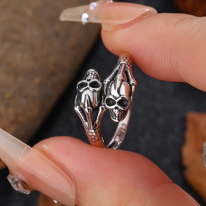 

Персонализированные и забавные подлинные серебряные открытые кольца с двойным черепом S925, украшения на Хэллоуин