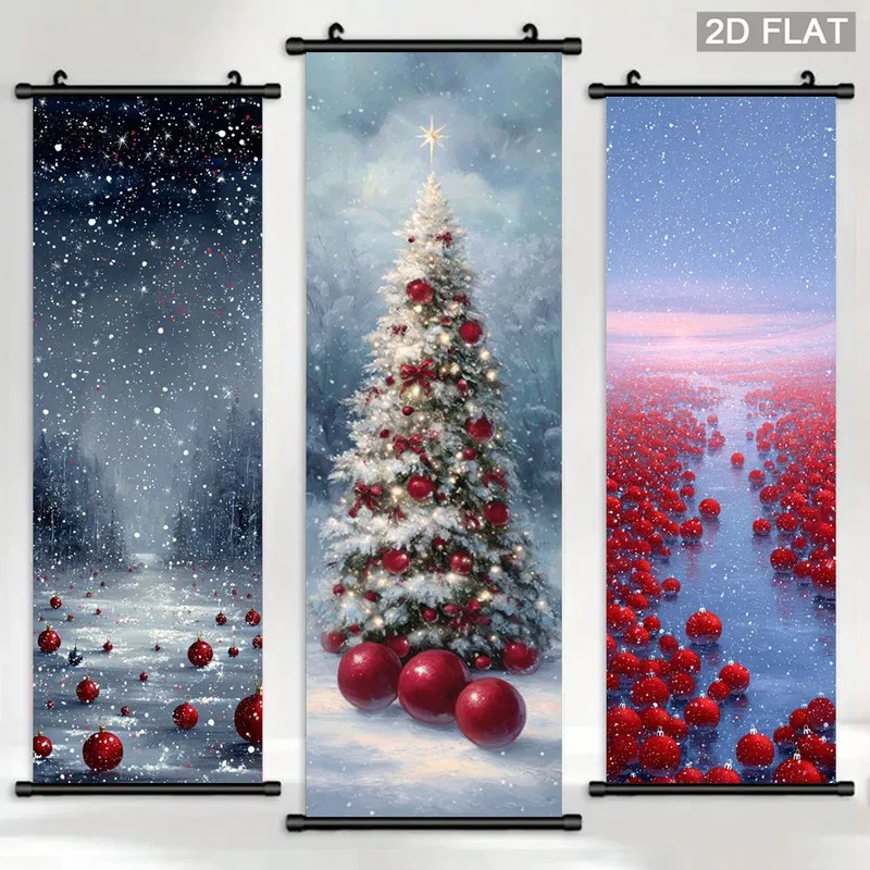 VIKAMA 3PCS Christmas Wall Banner, Blue Night Forest Glowing Tree Reindeer Scroll Tapestry for Xmas Home Decor