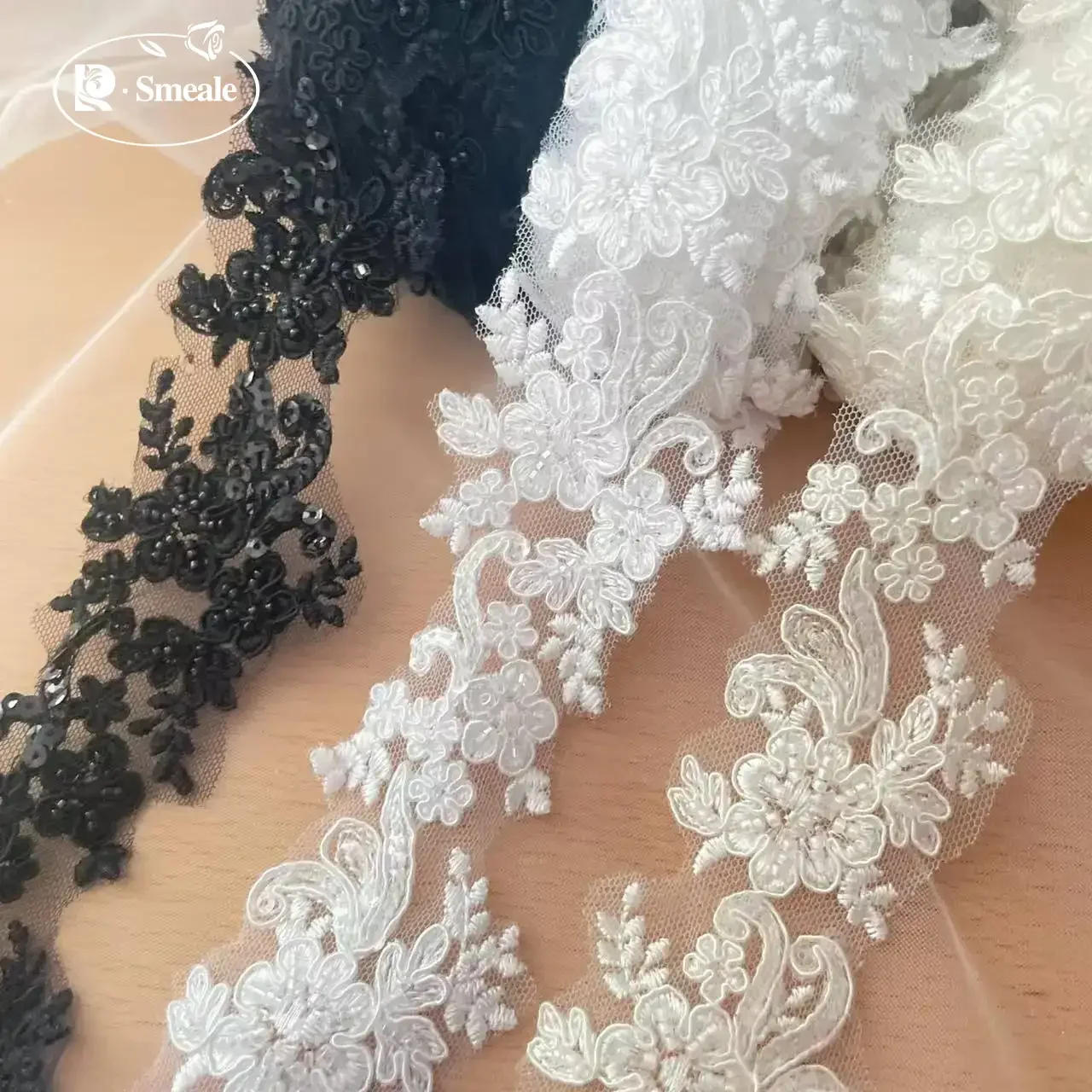 5Yards/lot Beaded Bridal Flower Lace Trim, DIY Veil, Sewing Accessories, High Quality Rayon, Wedding Dress RS1338
