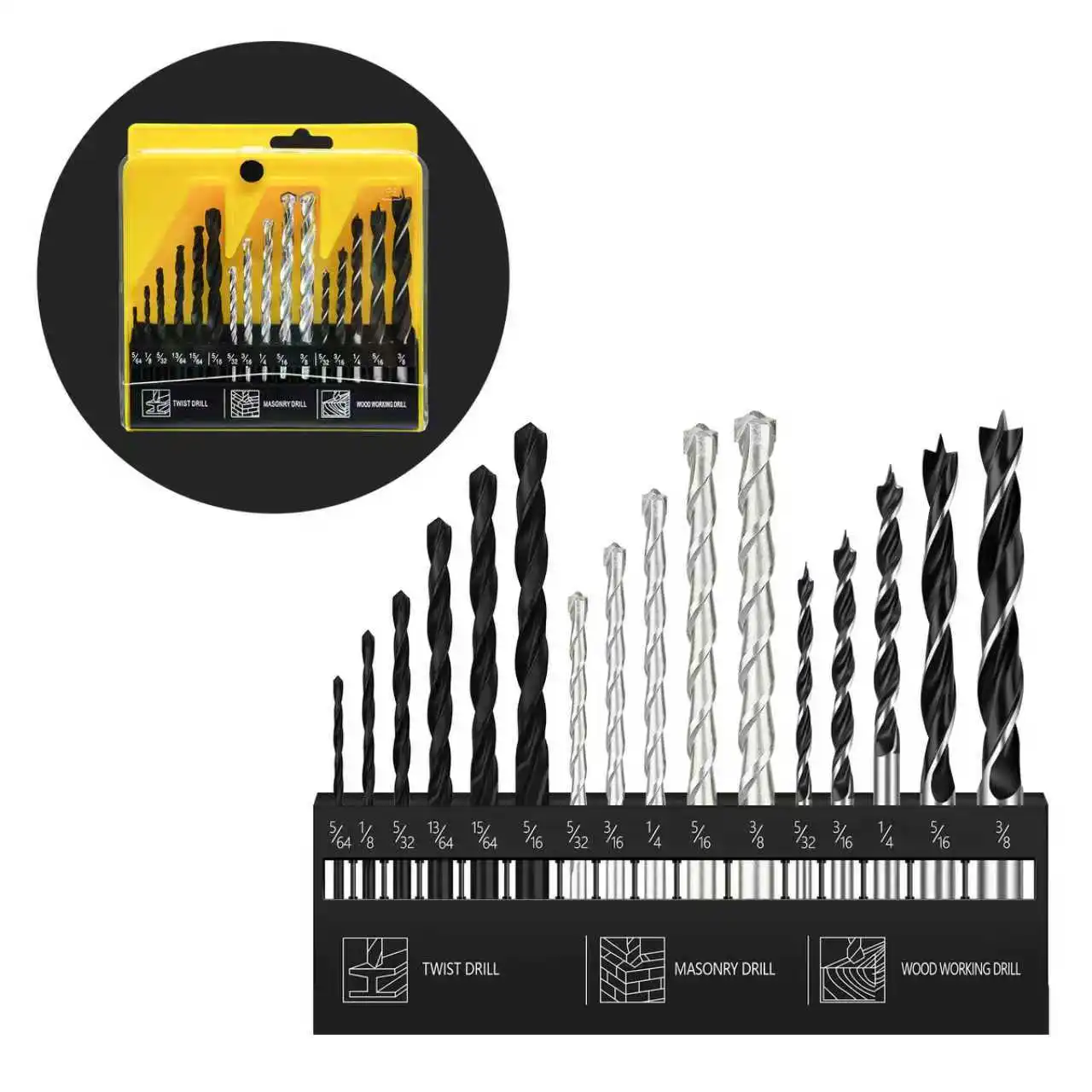 

Многоцелевой набор смешанных сверл для деревообработки из 16 предметов для сверления древесины, металла, бетона, камня и кирпича