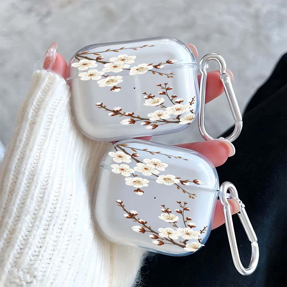 

White Plum Blossom Pattern Clear Earphone Case for AirPods Pro 2/Pro 3/Pro Earbuds Case for AirPods 1/2/3/4 TPU Protective Cover